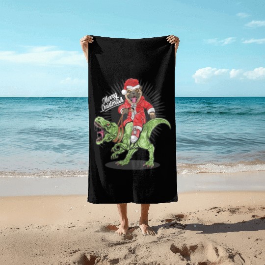 christmas santa claus pug dog riding rex dinosaur Beach Towels
