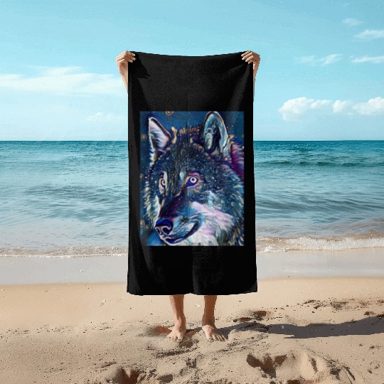 Cut Out Sticker Of Wolf In Midnight Beach Towels