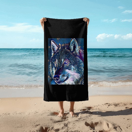 Cut Out Sticker Of Wolf In Midnight Beach Towels