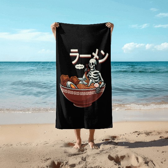 skeleton relaxing bowl ramen Beach Towels