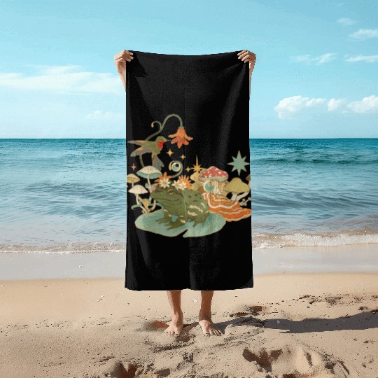 Cottagecore with frog, mushrooms and hummingbird Beach Towels