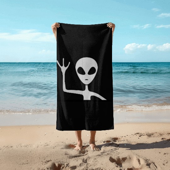 Gray male alien waving Beach Towels