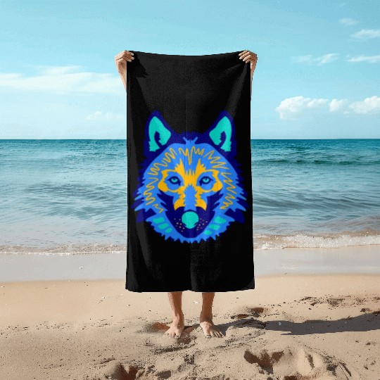 blue wolf face Beach Towels