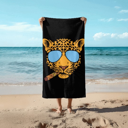 Jaguar with aviator sunglasses and Cuban cigar Beach Towels