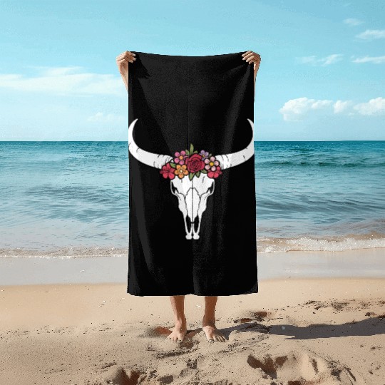 Floral bull skull Beach Towels