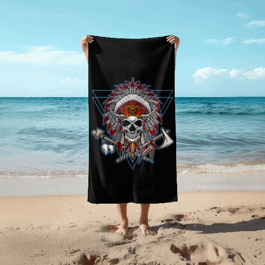 Native American Chief Skull Axe Beach Towels