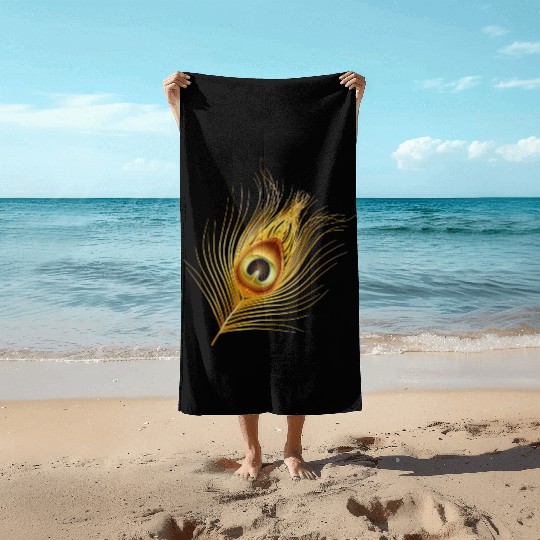 hand drawn gold colored peacock feather Beach Towels