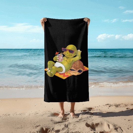 Summer turtle naked on the beach with cocktail Beach Towels