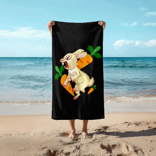 Crazy rabbit running for carrot Beach Towels