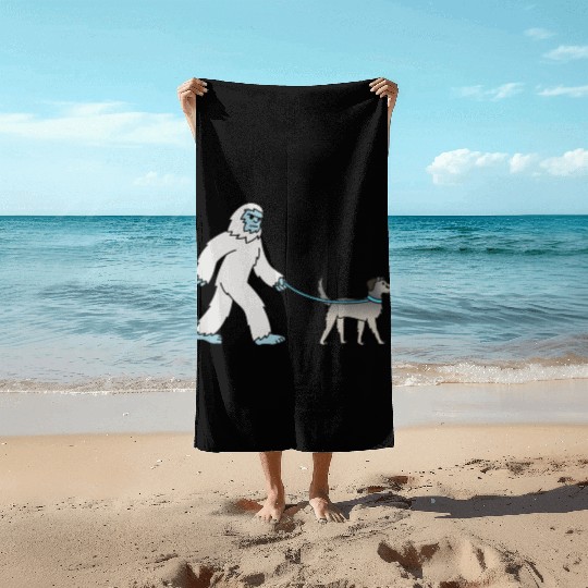 Bigfoot Sasquatch Walking Irish Wolfhound Beach Towels