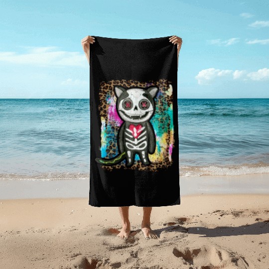 Halloween Zombie Skeleton Cat Tie Dye Beach Towels