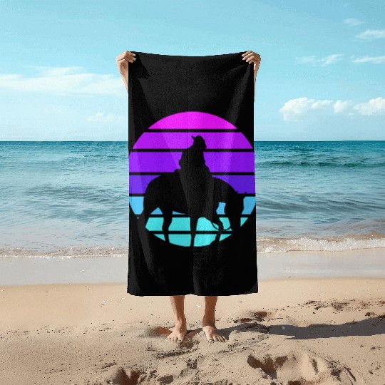 Synthwave Cowboy Horse Wrangler Gift Beach Towels