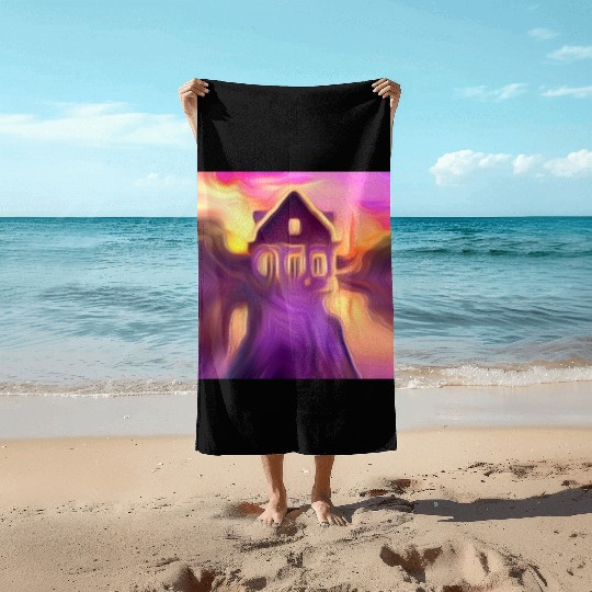 sunset house digital art abstract painting Beach Towels