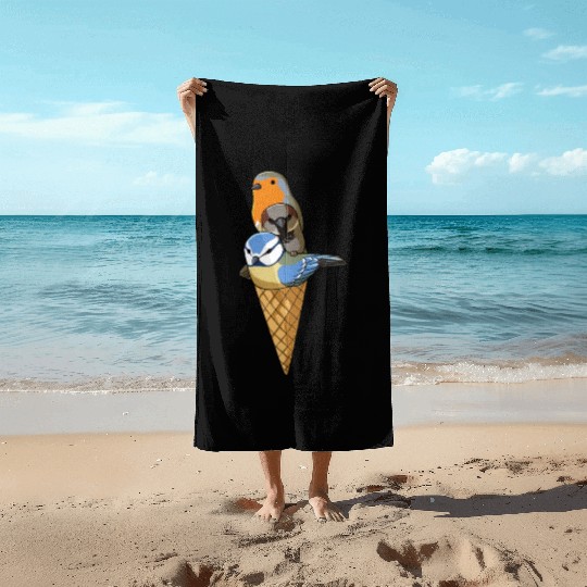 Funny Birds Ice Cream Robin, Blue Tit and House Beach Towels
