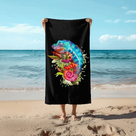A chameleon is sitting on a branch 11 1 Beach Towels