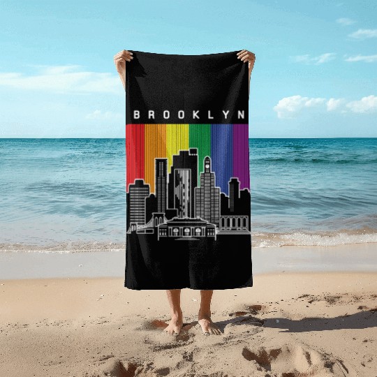 Brooklyn New York Skyline Rainbow Flag Beach Towels