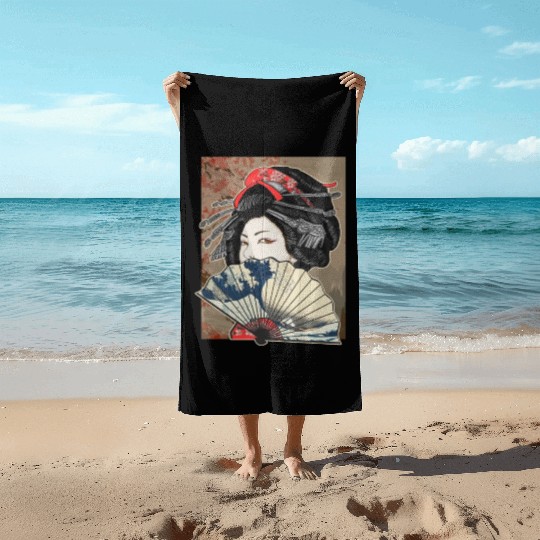 Vintage Cherry Blossom Japanese Geisha Girl Beach Towels