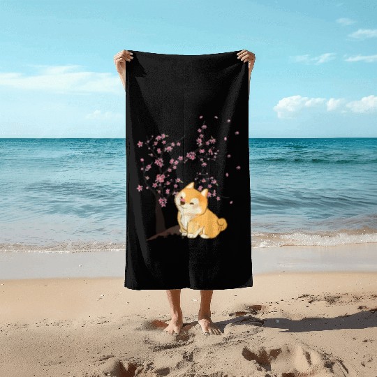 Cute Cherry Blossom Japanese Art Kawaii Shiba Inu Beach Towels