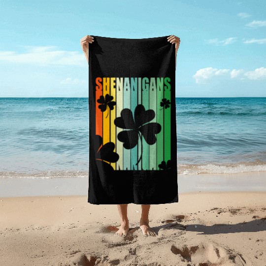 St Patrick Shenanigans Retro Shamrock Beach Towels