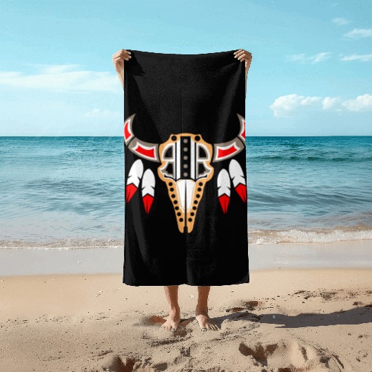 Native American Buffalo Skull for Tribal Art Lover Beach Towels
