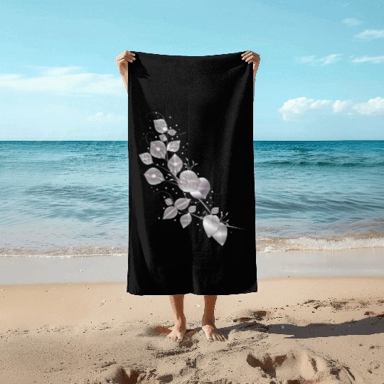 noble leaf tendril in metallic silver look Beach Towels