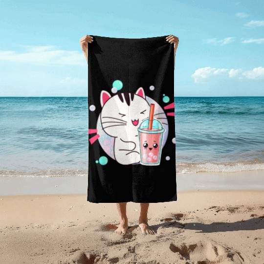 Kawaii Anime Cat Bubble Tea Fan Beach Towels