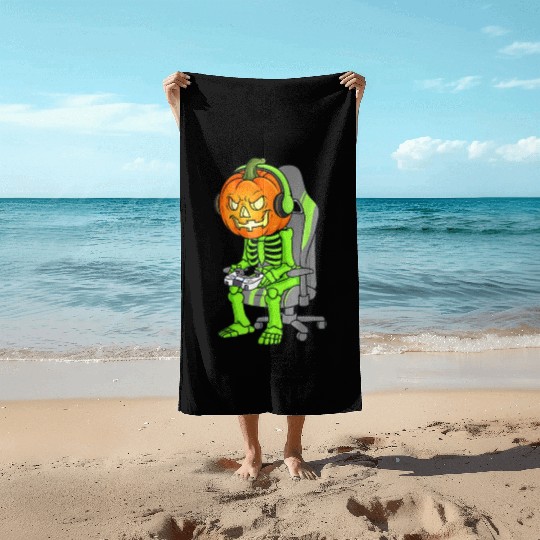 Gaming Halloween Skeleton Jack O Lantern Gamer Boy Beach Towels