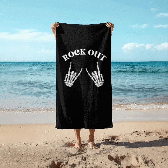 rock out skeleton hand pace sign rock and roll Beach Towels