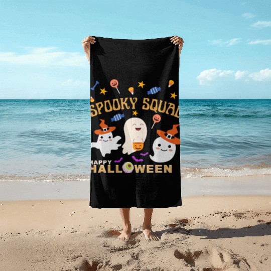 Happy Halloween, Spooky Squad, Cute Ghosts Design Beach Towels