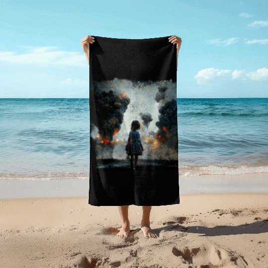 Kid in war looking at explosion AI painting Beach Towels