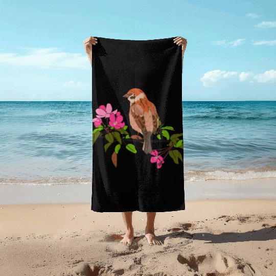 Sparrow on a branch pink flowers of an apple tree Beach Towels