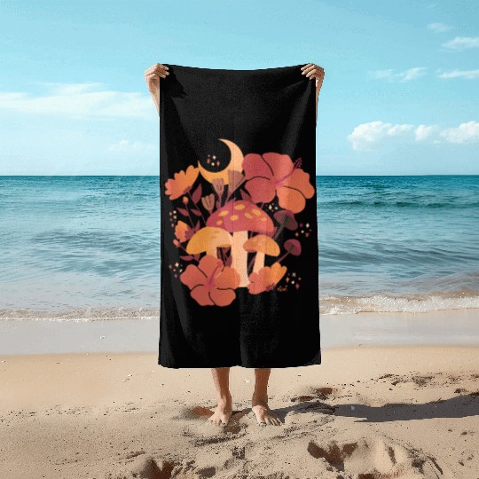 Fall Mushrooms and Hibiscus Floral Nights Beach Towels