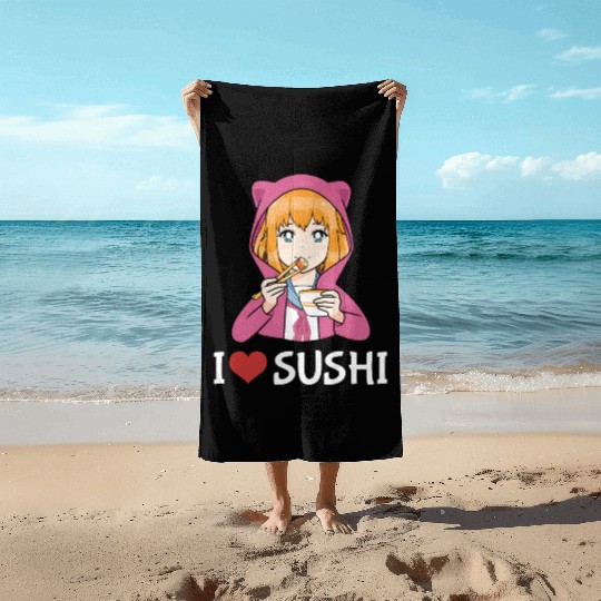 Kawaii Anime Girl I Love Sushi Beach Towels