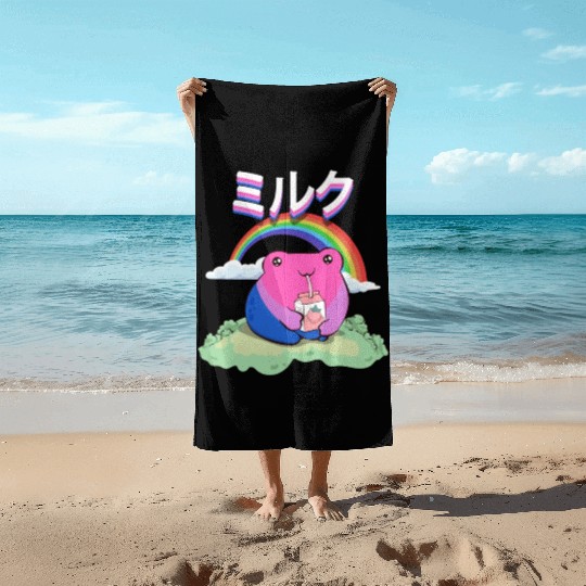 Kawaii Frog Strawberry Milk Bisexual Pride Flag Beach Towels