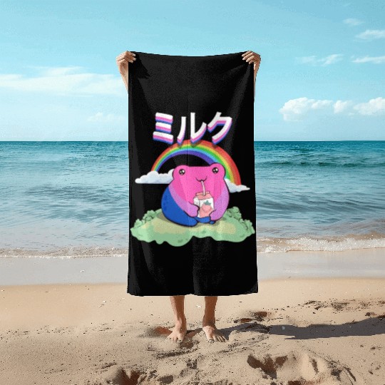 Kawaii Frog Strawberry Milk Bisexual Pride Flag Beach Towels