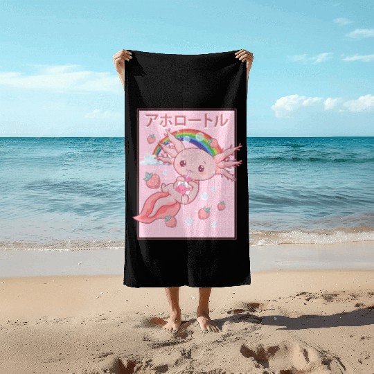 Kawaii Axolotl Strawberry Milk Beach Towels