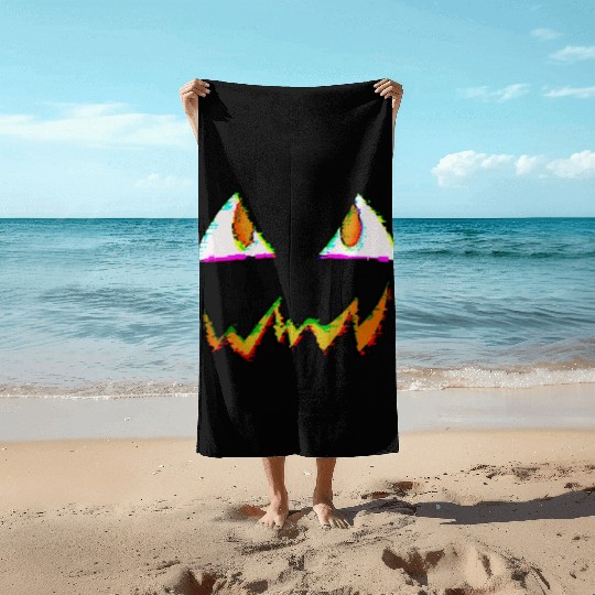 Jack O Lantern Face Glitch Beach Towels