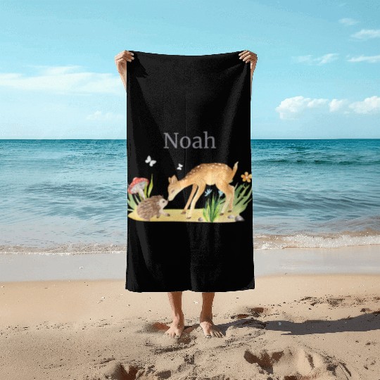 Forest Animal Deer Hedgehog Flowers Name Noah Beach Towels