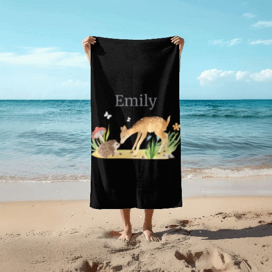 Forest Animal Deer Hedgehog Flowers Name Emily Beach Towels