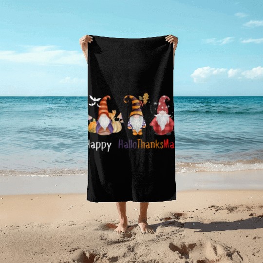 happy hallo thanksmas Thanksgiving gnome Funny Beach Towels