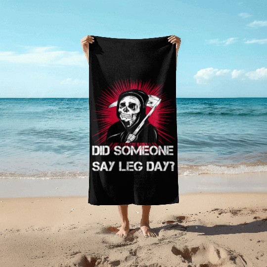 Grim Reaper Leg Day Black Metal skull and scythe Beach Towels