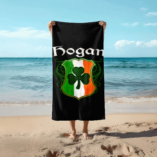 Hogan Irish Surname Ireland Flag Shield Shamrock Beach Towels