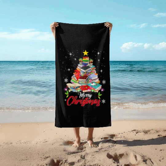 Merry Christmas Tree Love Reading Books Librarian Beach Towels
