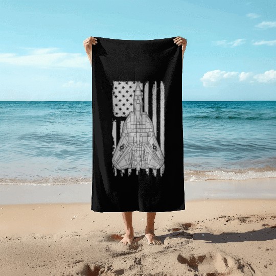 F-14 Tomcat Fighter Jet Airplane American Flag F14 Beach Towels