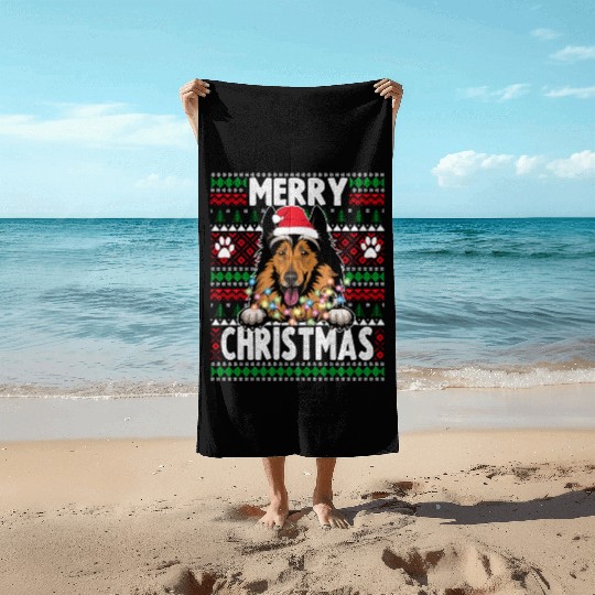 Collie Christmas Lights Dog Lovers Xmas Pajama Beach Towels
