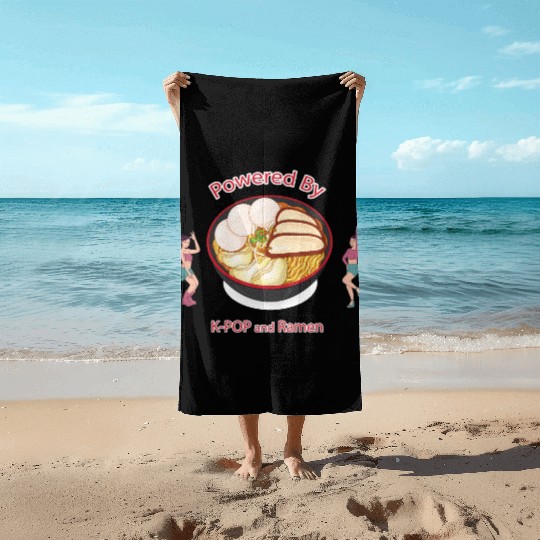 powered by k pop and ramen Beach Towels