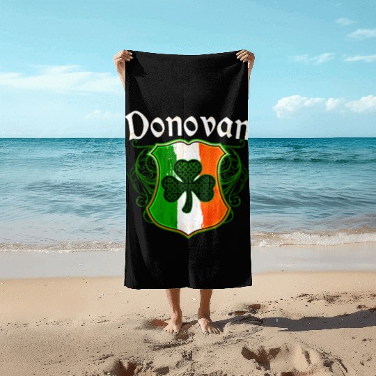Donovan Irish Surname Ireland Flag Shield Shamrock Beach Towels