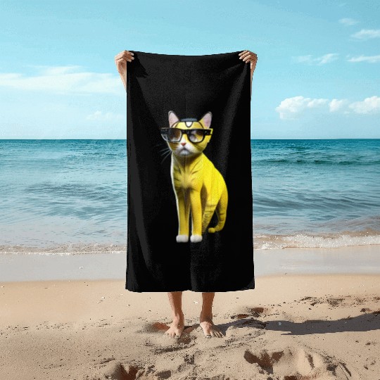 Yellow cute cat character _ cat’s sticker. Beach Towels