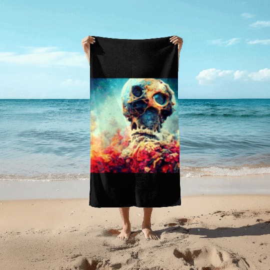 Extremely Realistic Skull in Abstract Art Beach Towels