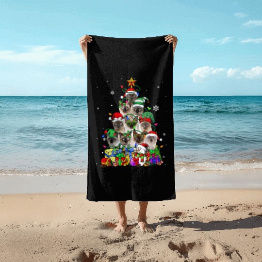 Cat Lover Funny Siamese Tree Christmas Light Beach Towels